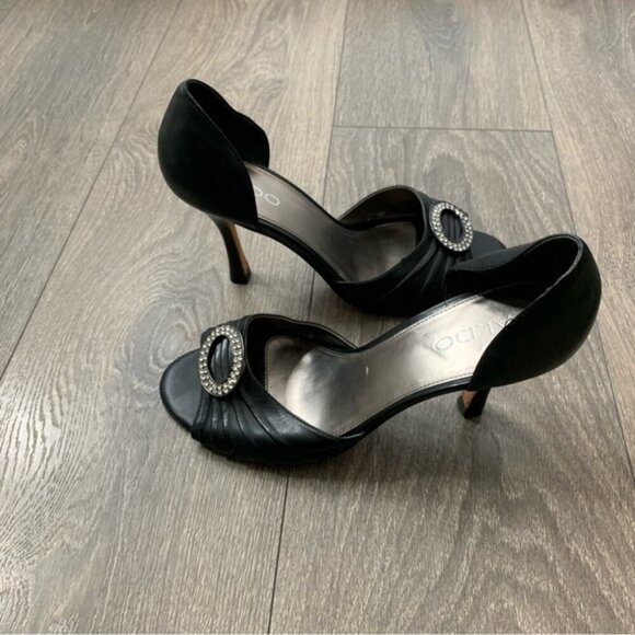 Aldo Women's Open toe Pumps Heels Leather Black Crystal Embellishment detail - Picture 7 of 16